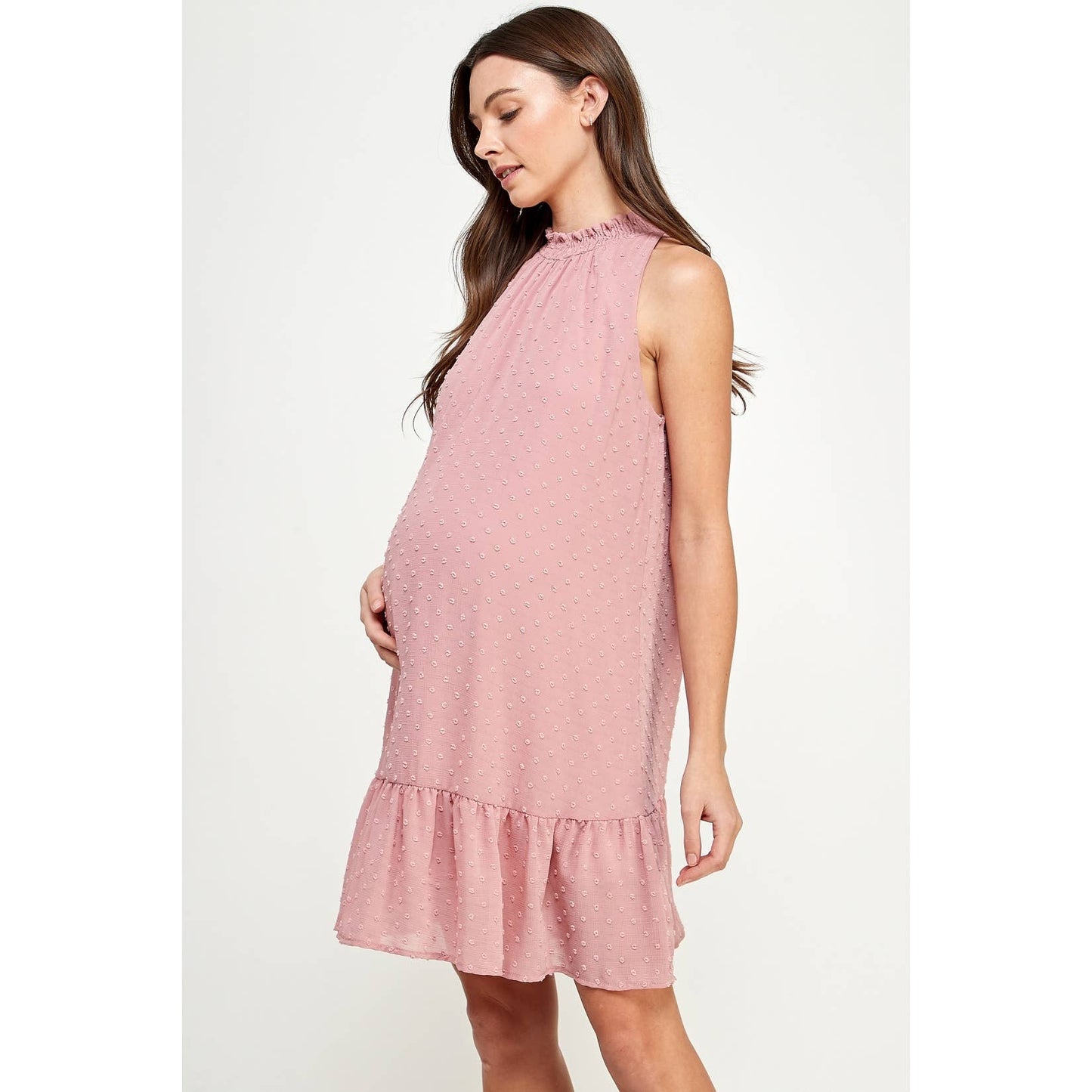 Mock Neck Swiss Dot Ruffled Maternity Dress