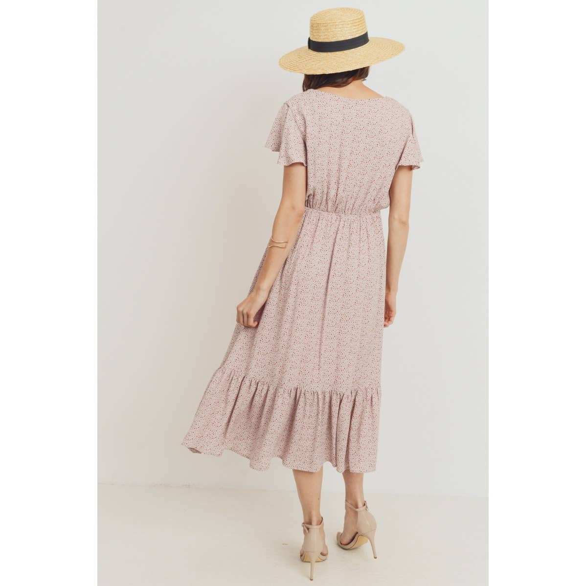 Flutter Sleeve V-Neck Maternity Ruffle Midi Dress