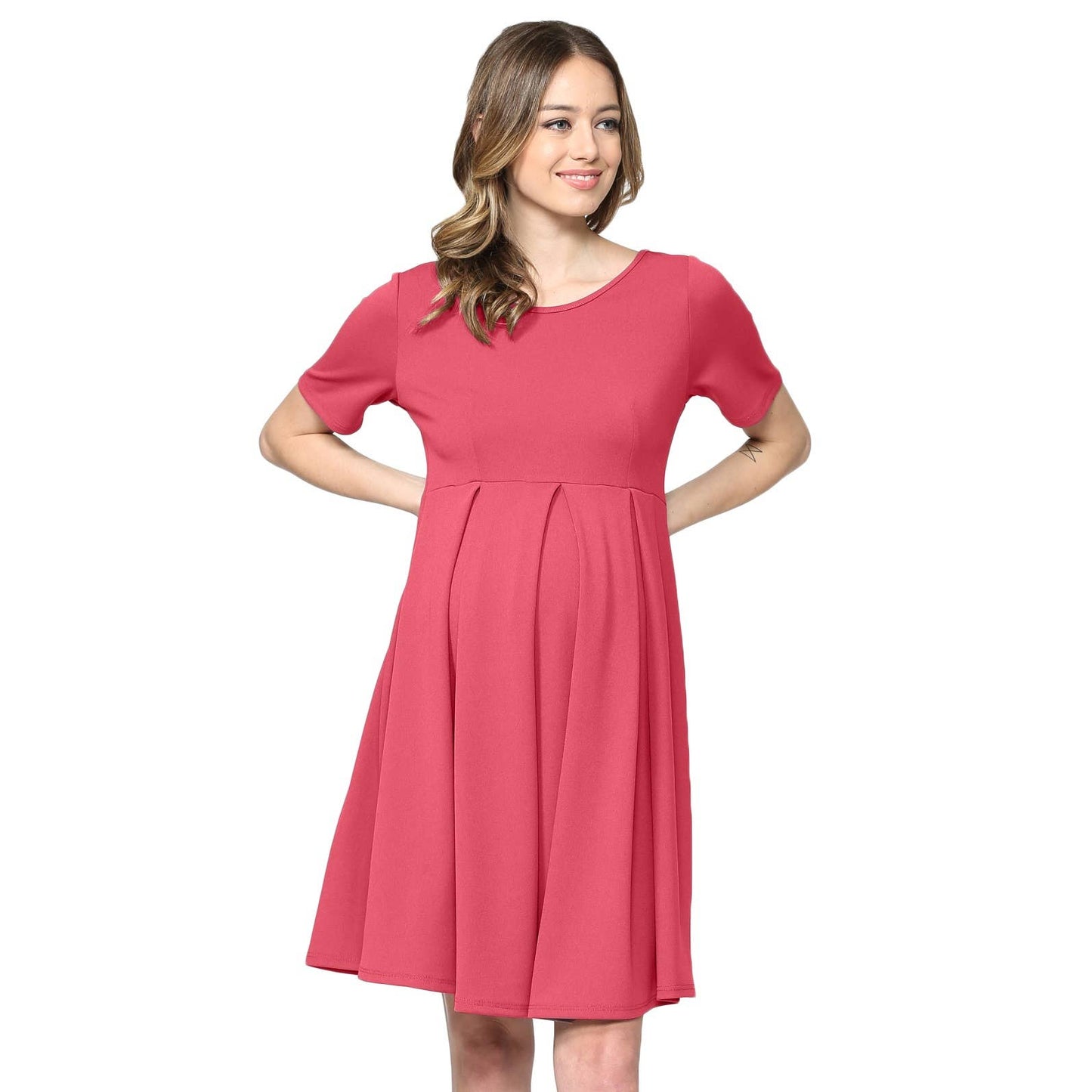 Pleated Round Neck Maternity Skater Dress
