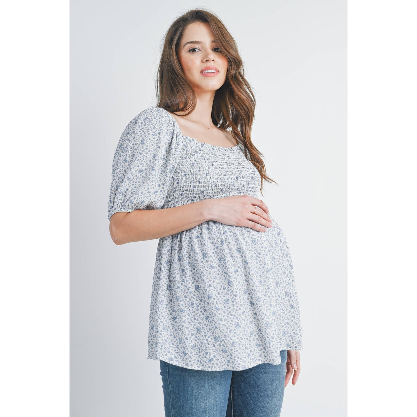 Floral Puff Sleeve Maternity Smocked Top