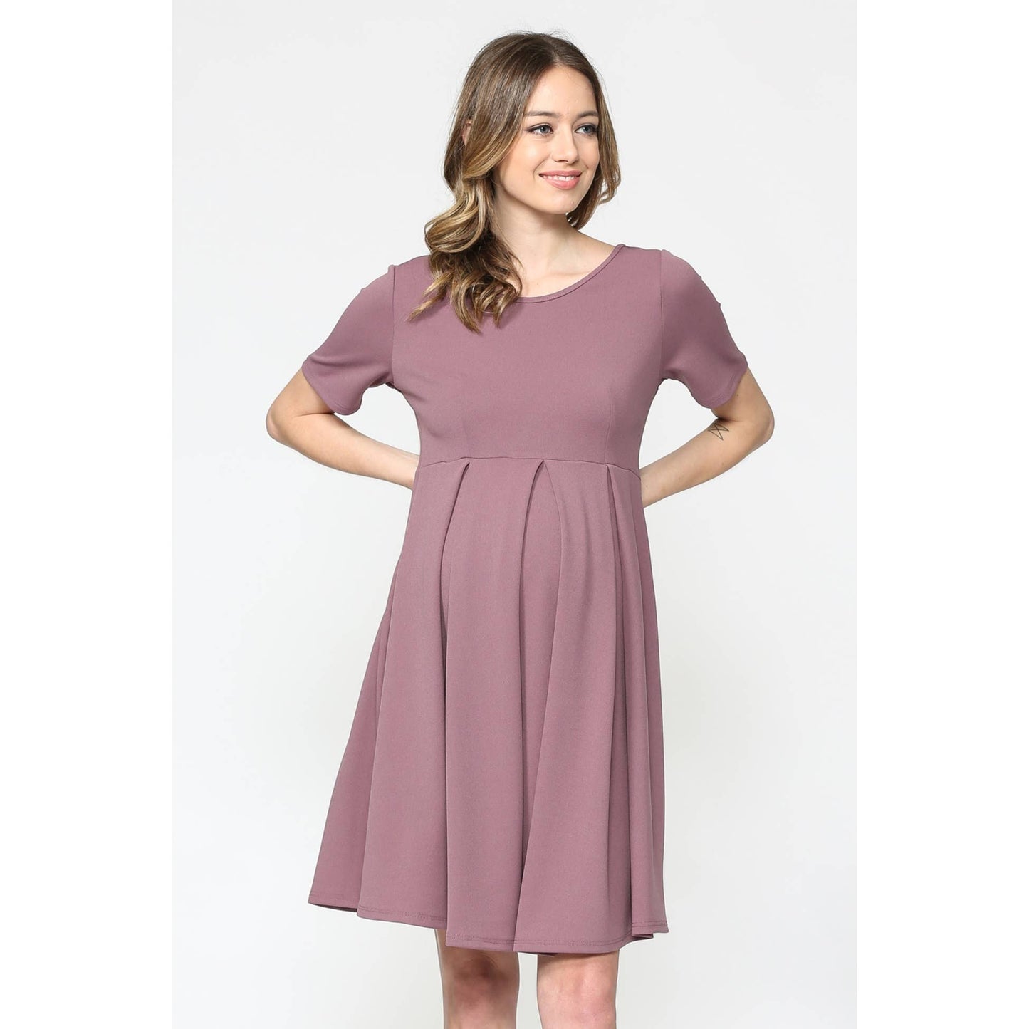 Pleated Round Neck Maternity Skater Dress