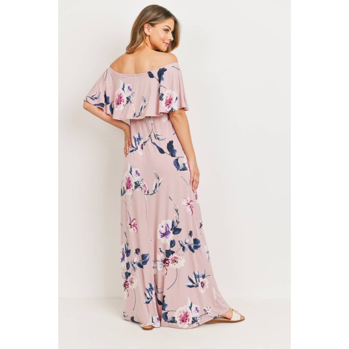 Off The Shoulder Pink Floral Maternity Maxi Dress