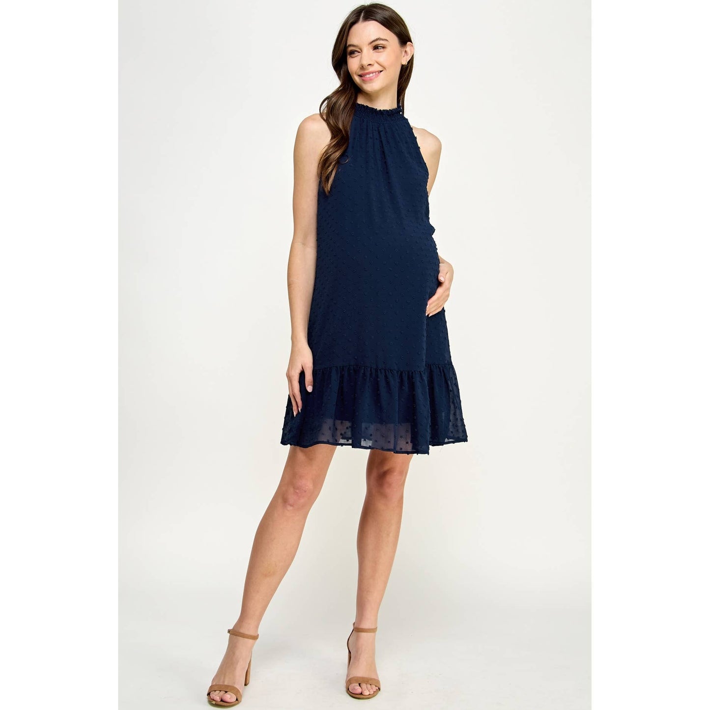 Mock Neck Swiss Dot Ruffled Maternity Dress