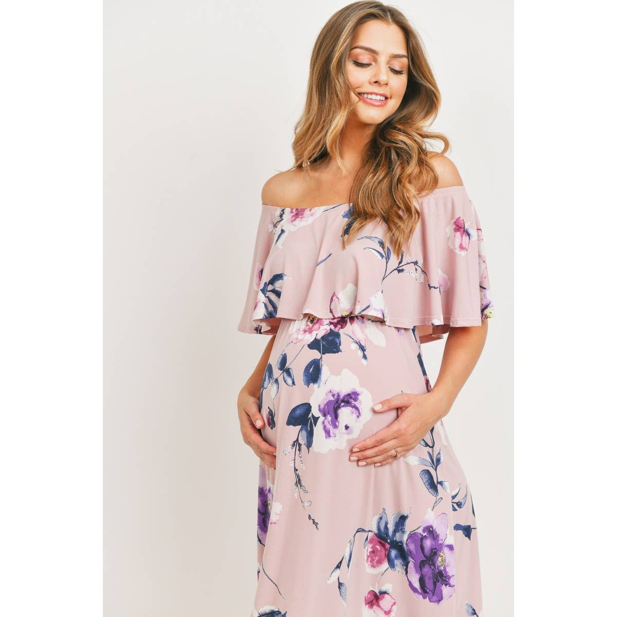 Off The Shoulder Pink Floral Maternity Maxi Dress