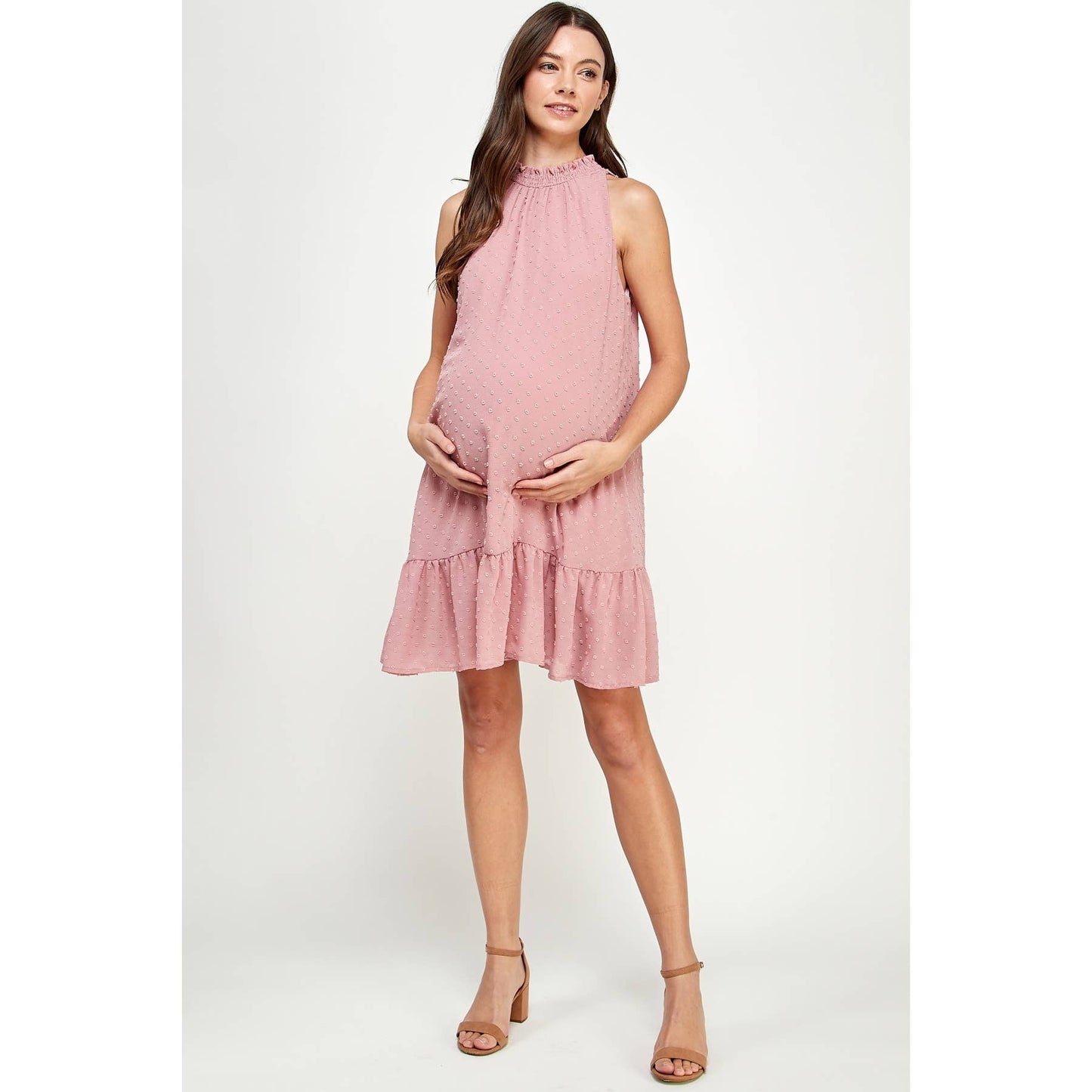 Mock Neck Swiss Dot Ruffled Maternity Dress