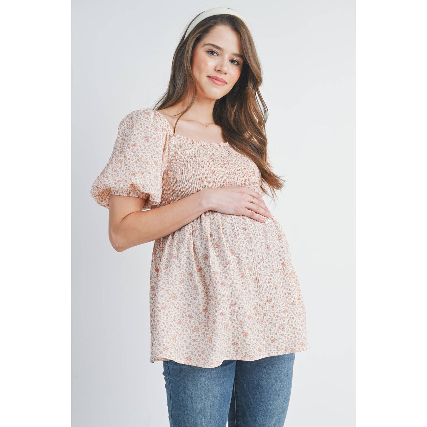 Floral Puff Sleeve Maternity Smocked Top