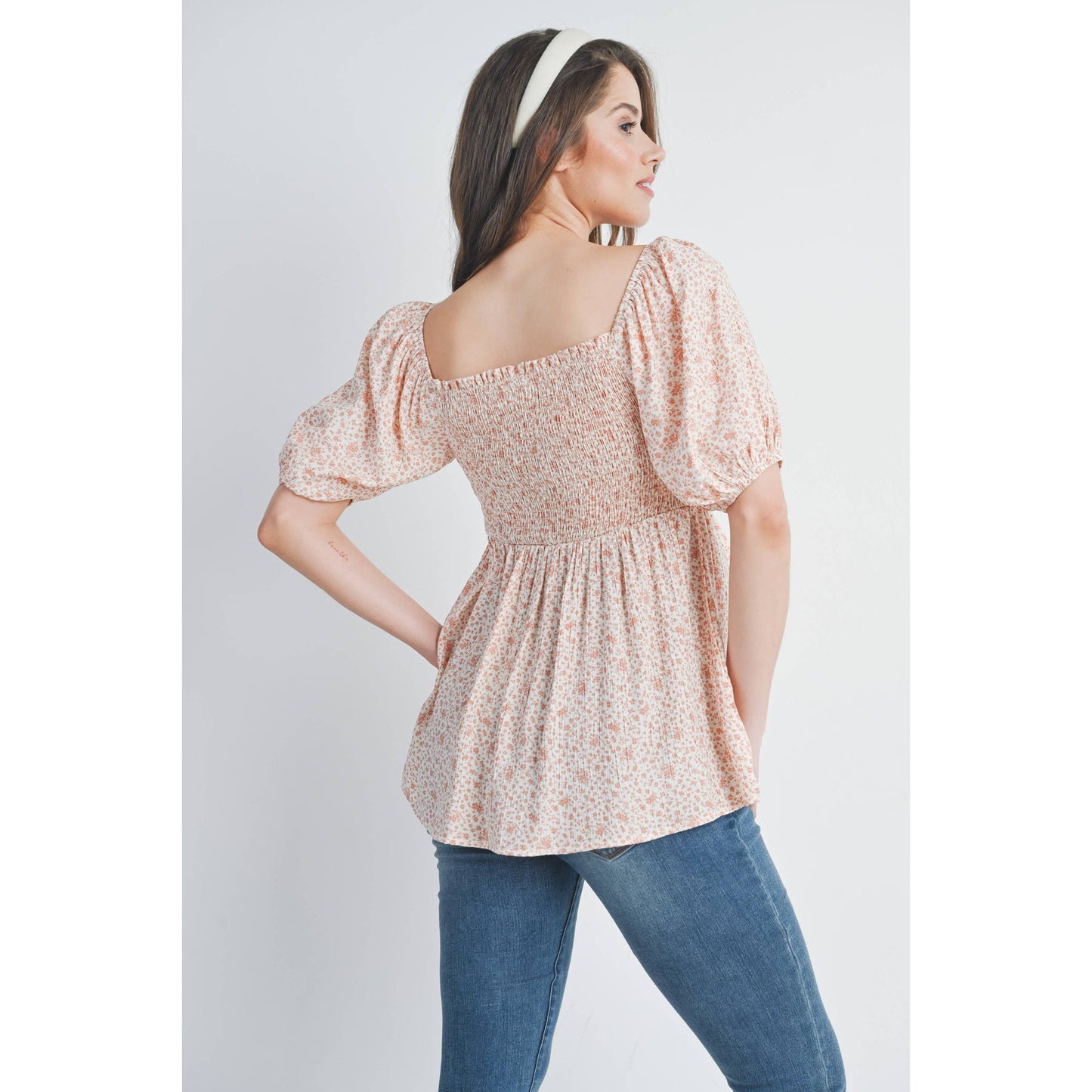 Floral Puff Sleeve Maternity Smocked Top