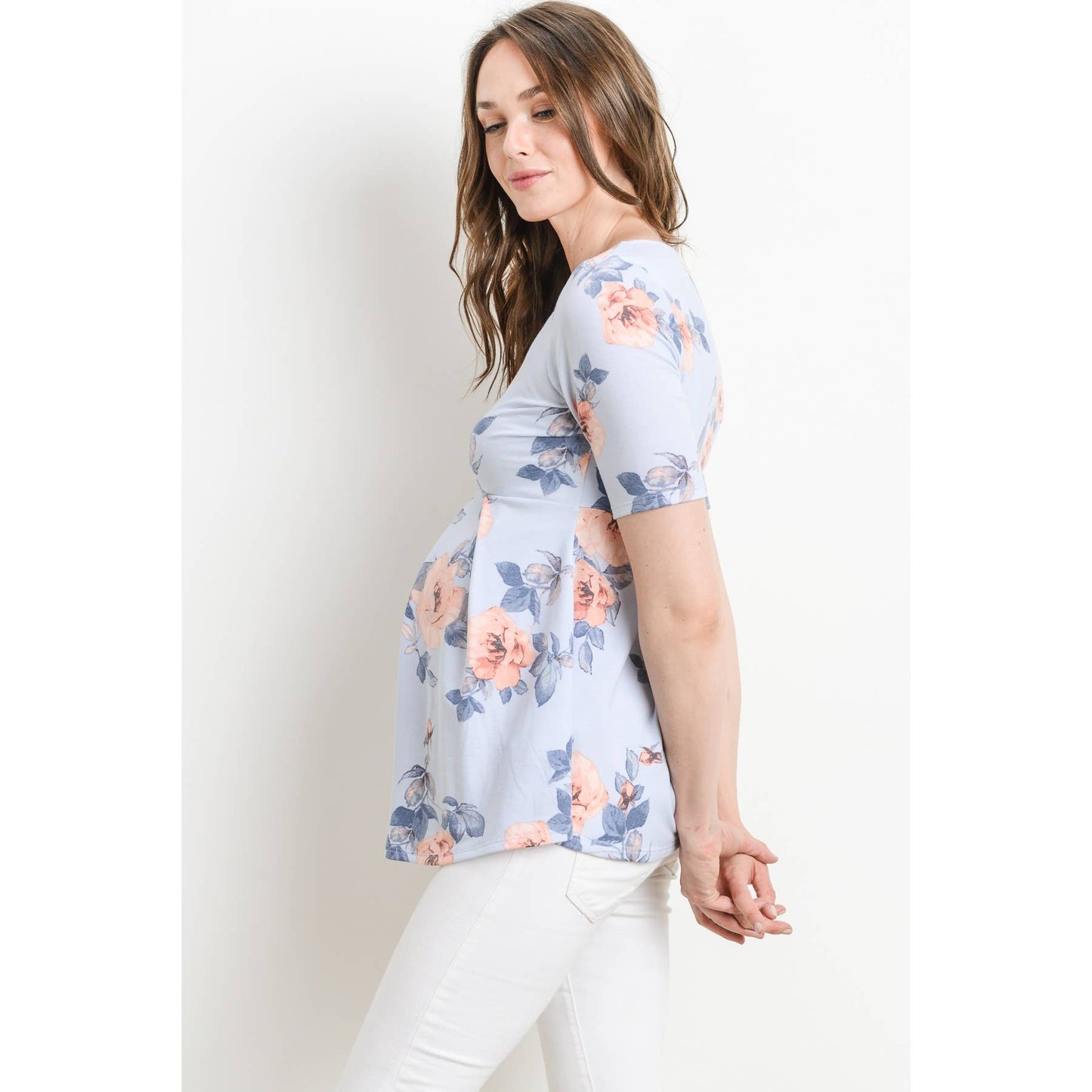 Pleated Quarter Sleeve Floral Maternity Top