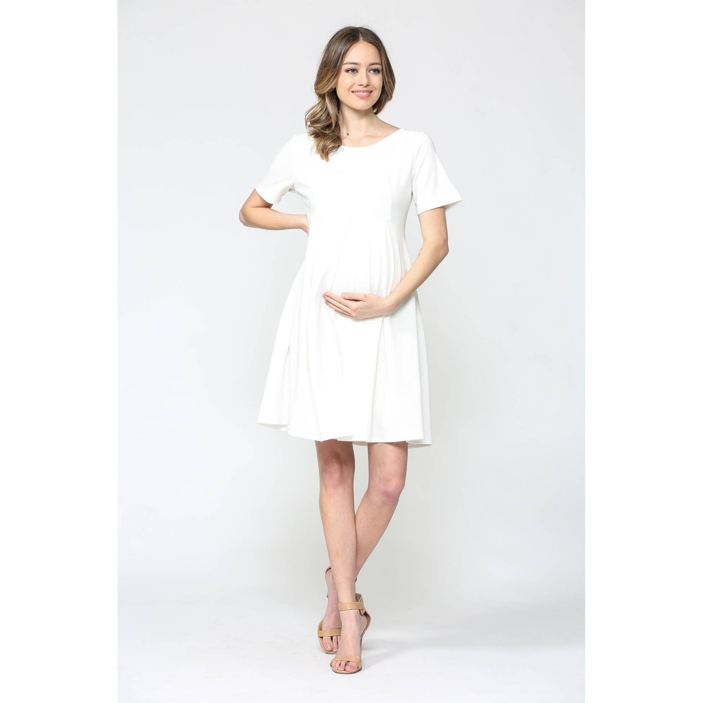 Pleated Round Neck Maternity Skater Dress