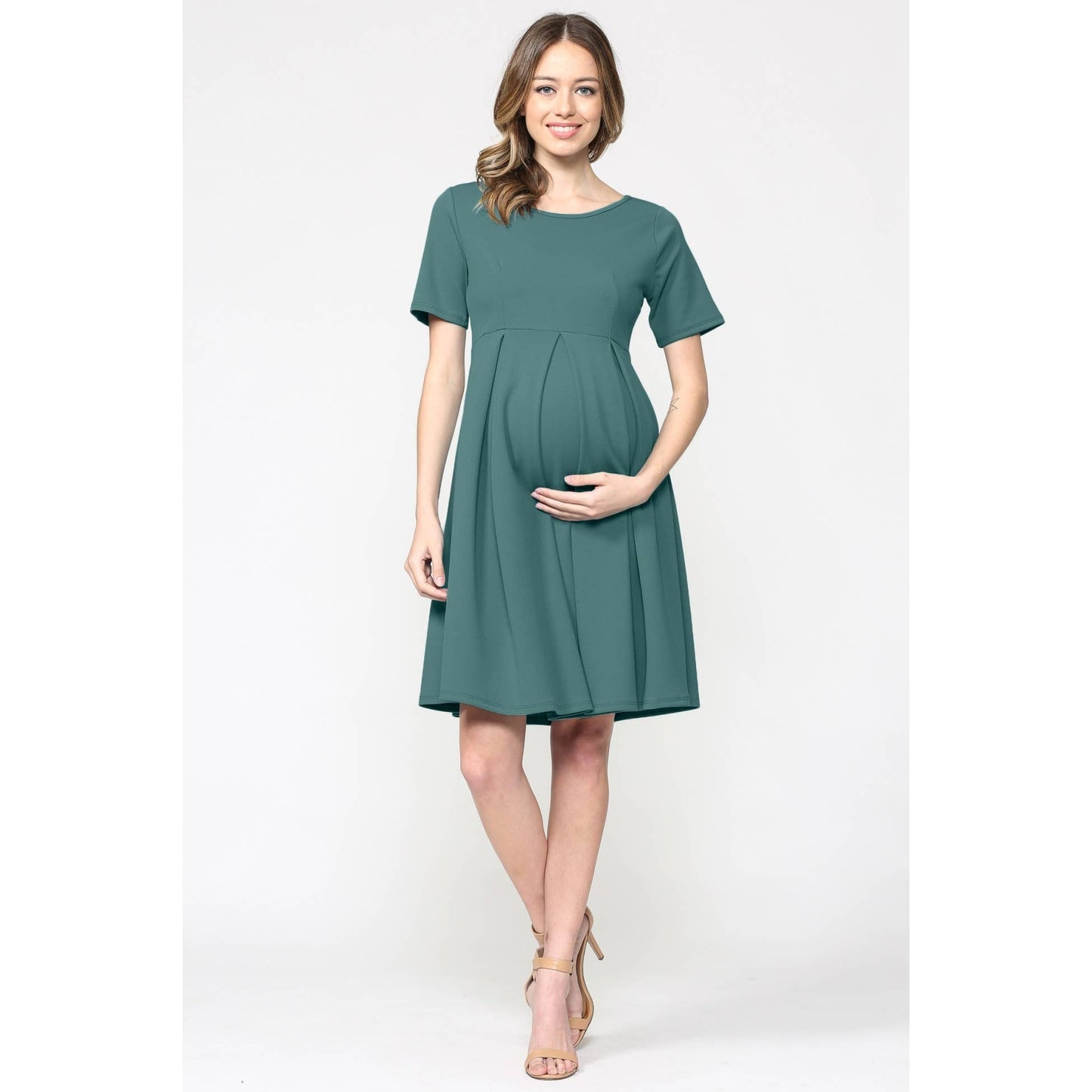 Pleated Round Neck Maternity Skater Dress