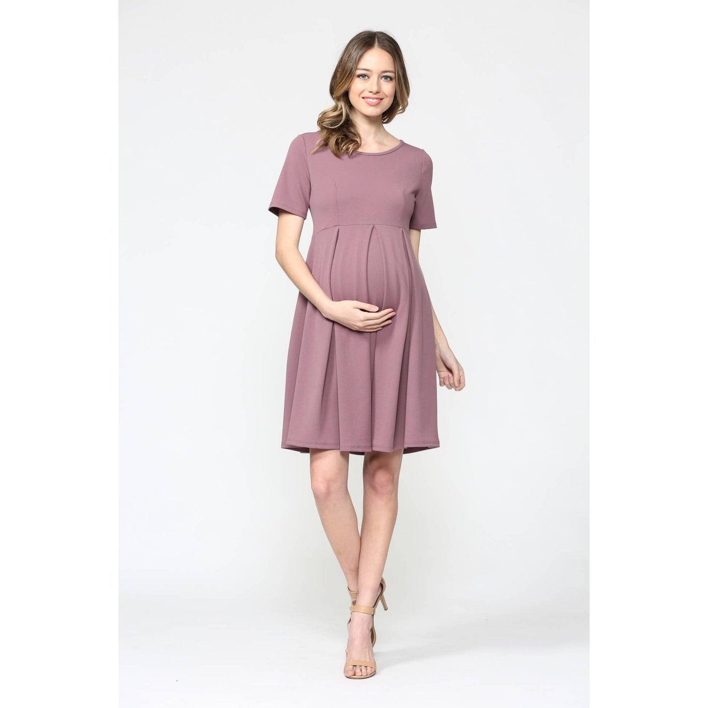 Pleated Round Neck Maternity Skater Dress