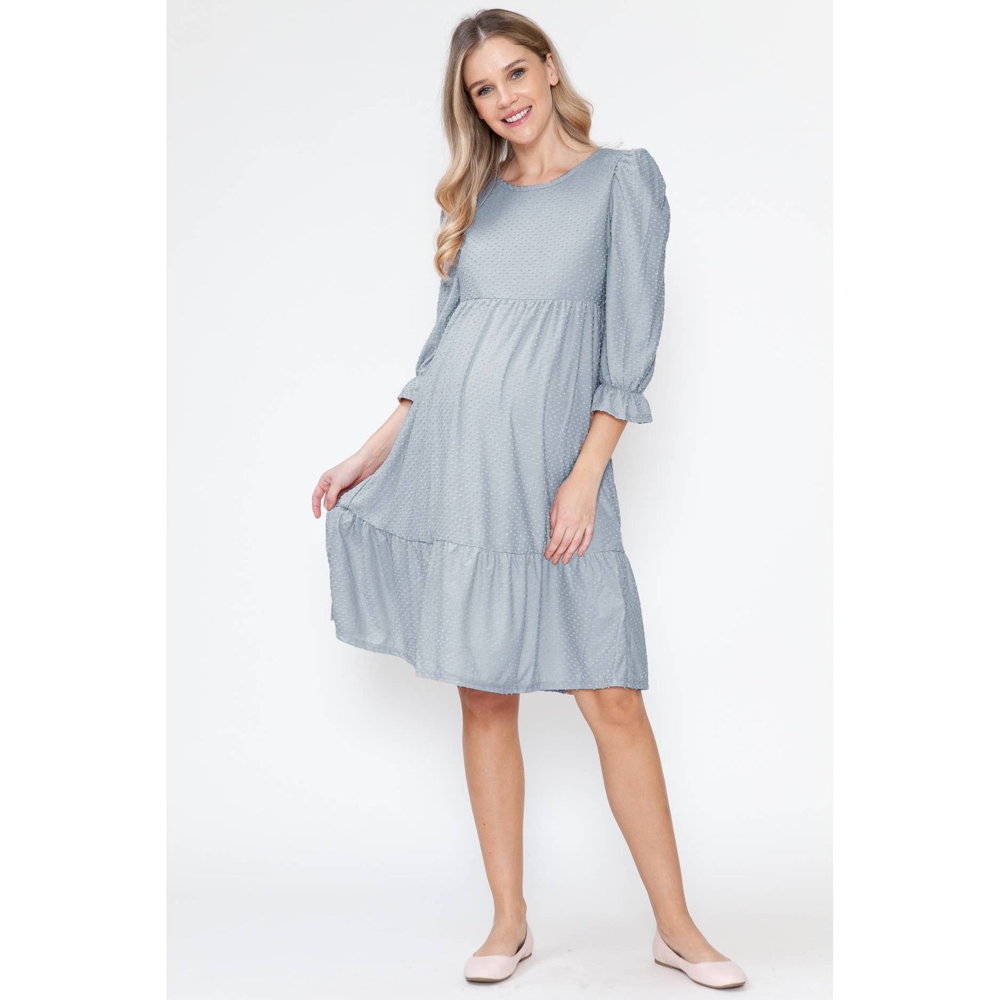 Maternity Swiss Dot Tiered Ruffle Balloon Sleeve Midi Dress