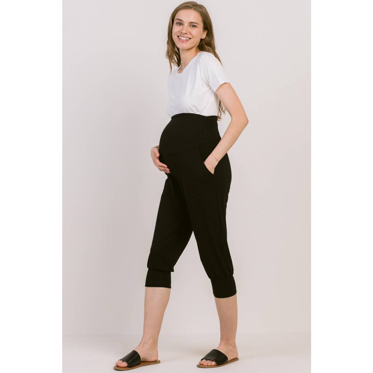 Black High Rise Capri Maternity Jogger Pants