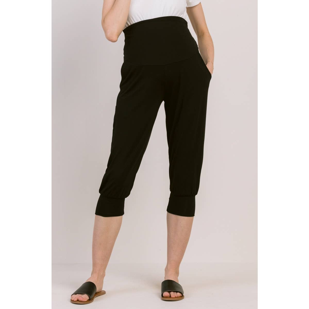 Black High Rise Capri Maternity Jogger Pants