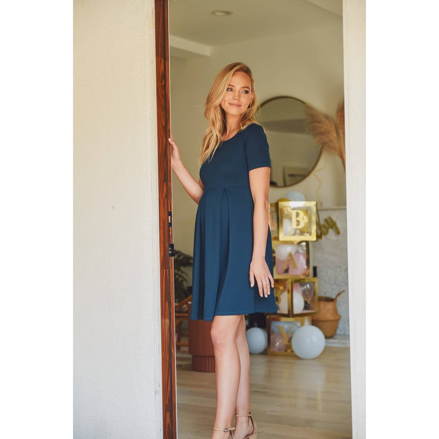 Pleated Round Neck Maternity Skater Dress