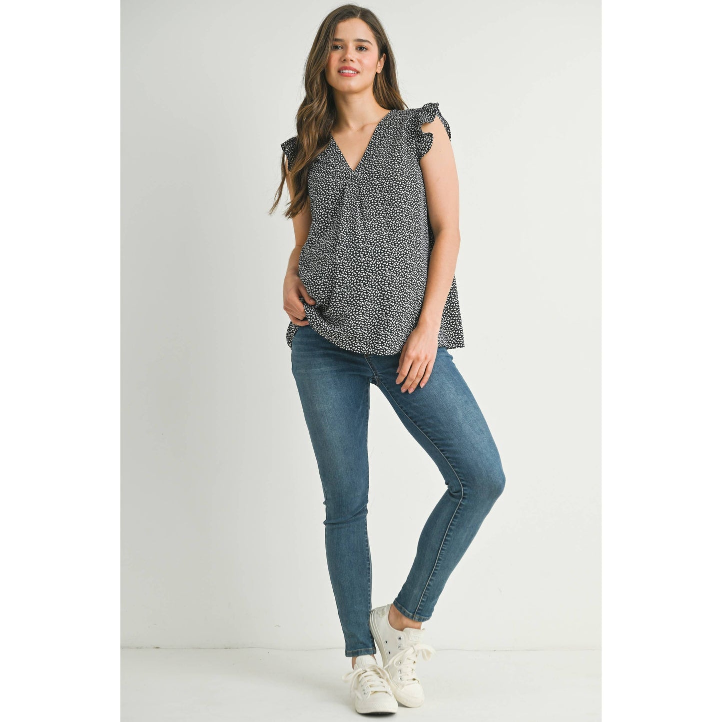V-Neck Ruffle Cap Sleeve Maternity Top