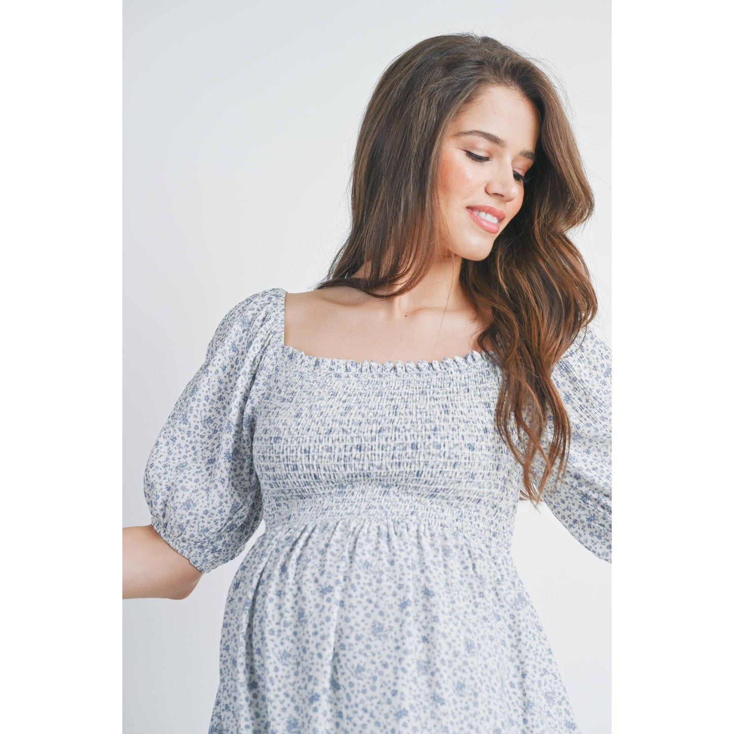 Floral Puff Sleeve Maternity Smocked Top