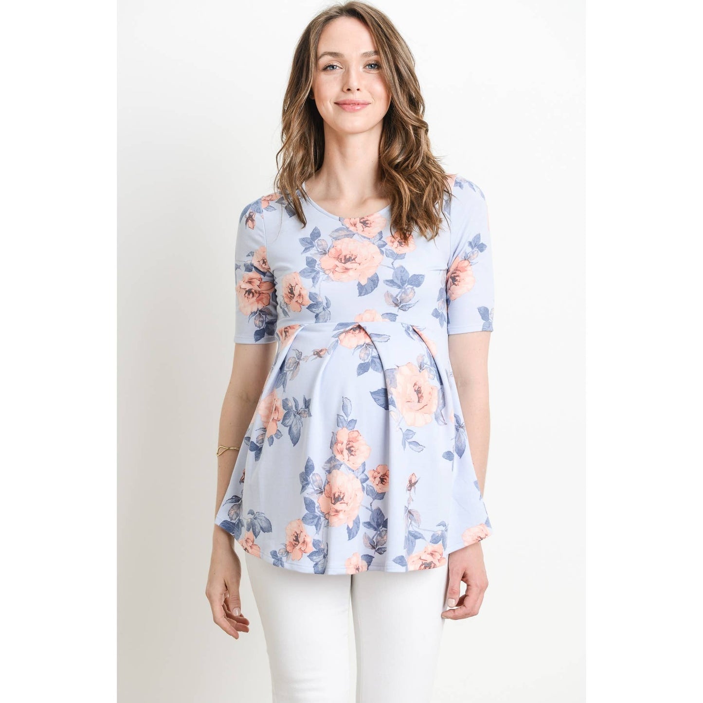 Pleated Quarter Sleeve Floral Maternity Top