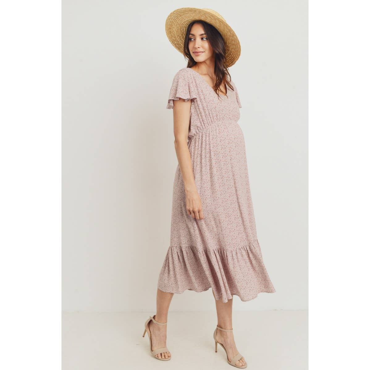 Flutter Sleeve V-Neck Maternity Ruffle Midi Dress