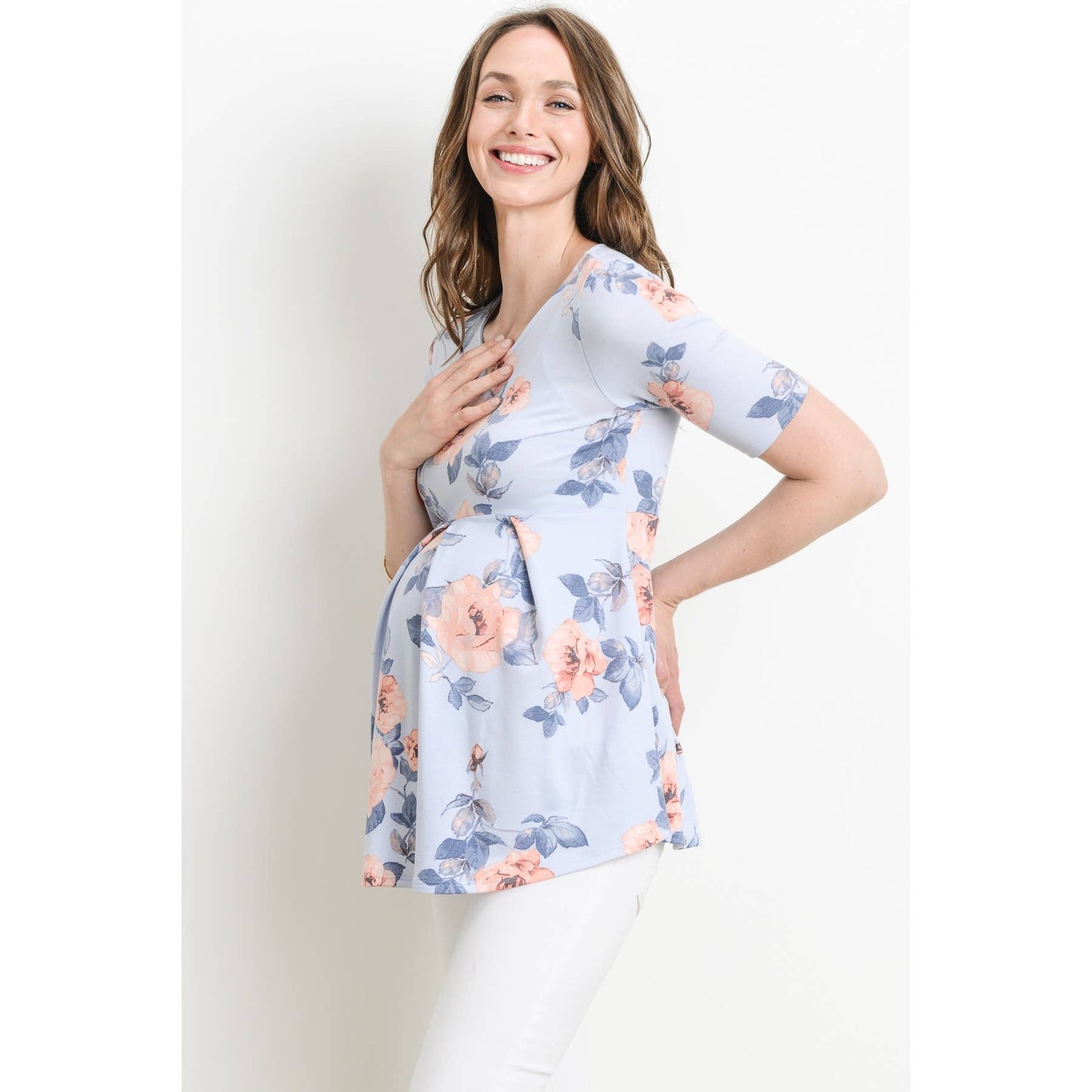 Pleated Quarter Sleeve Floral Maternity Top
