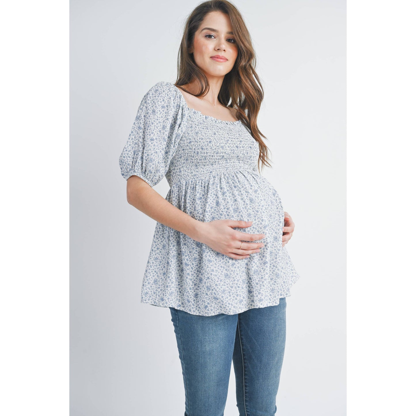 Floral Puff Sleeve Maternity Smocked Top