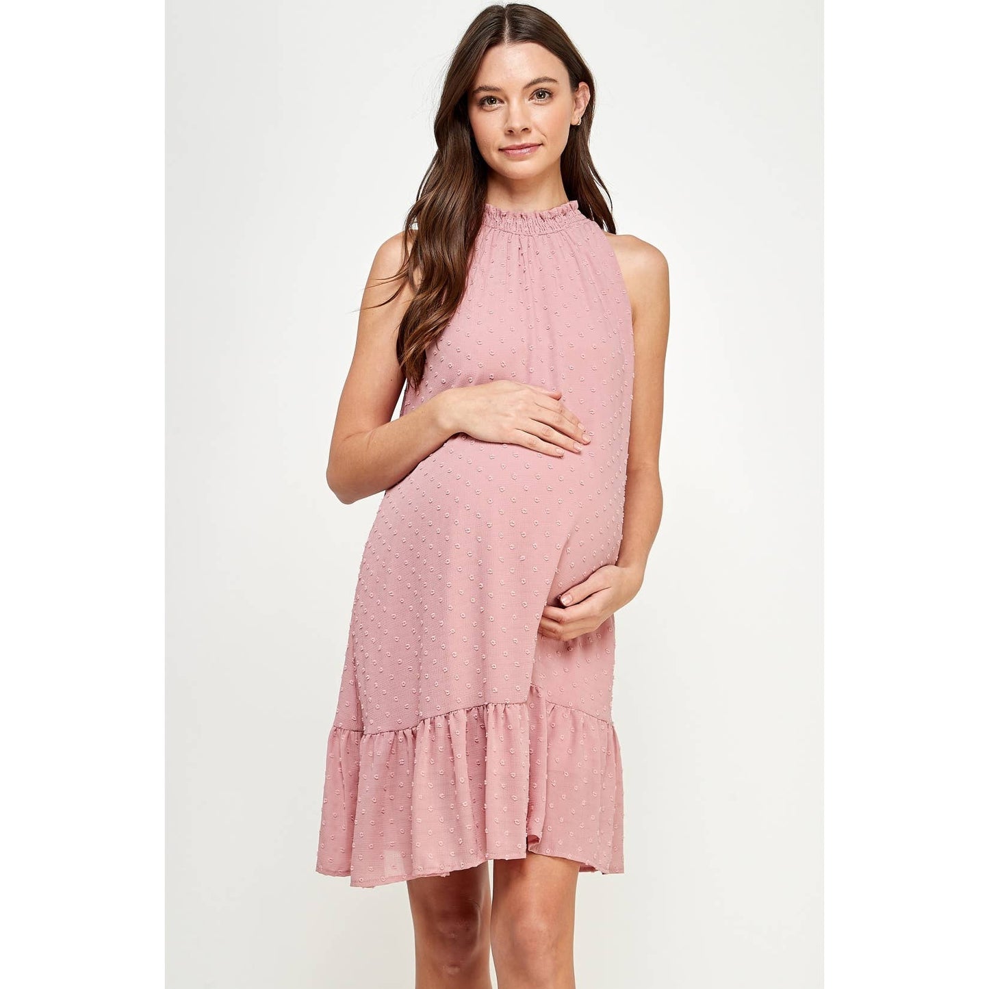 Mock Neck Swiss Dot Ruffled Maternity Dress