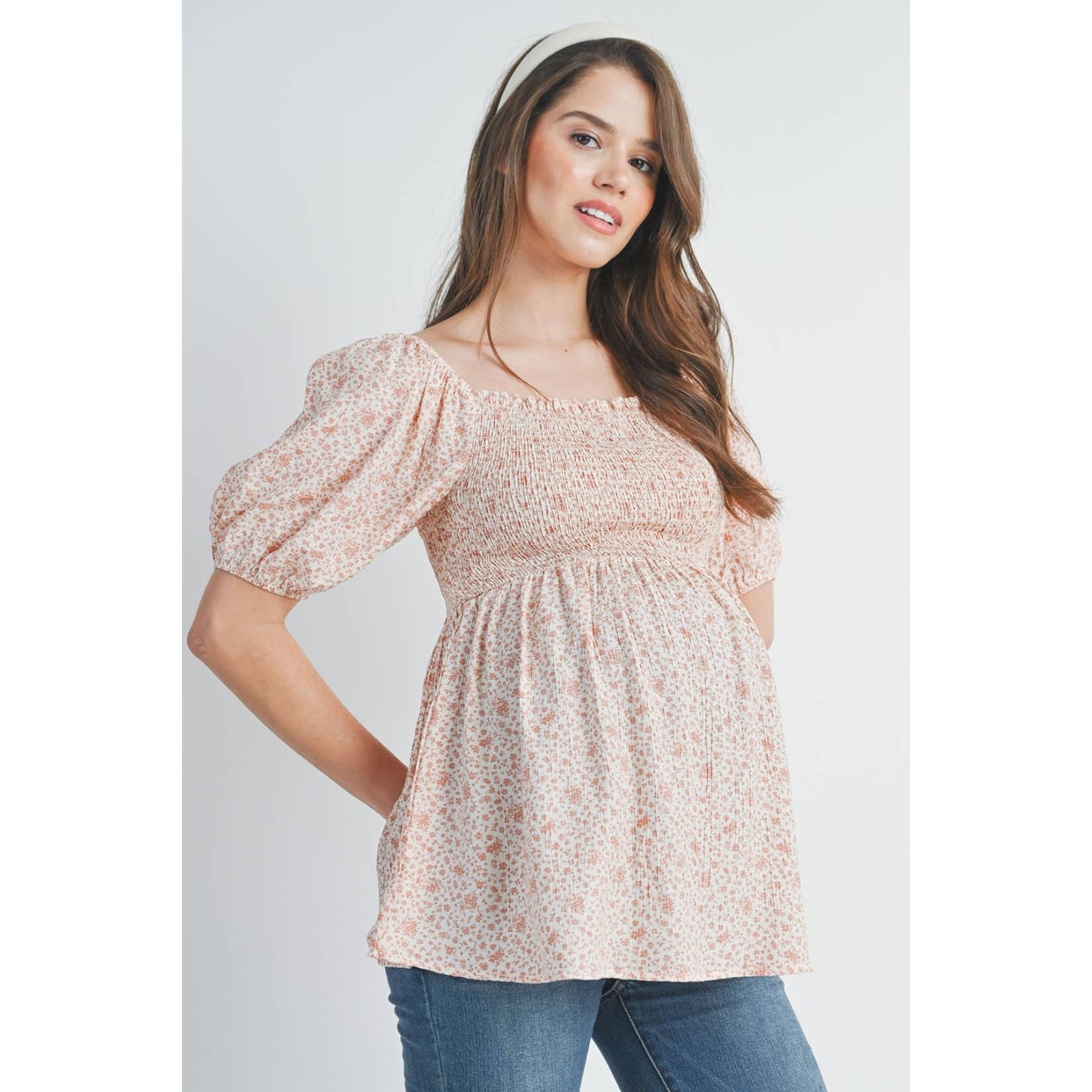 Floral Puff Sleeve Maternity Smocked Top