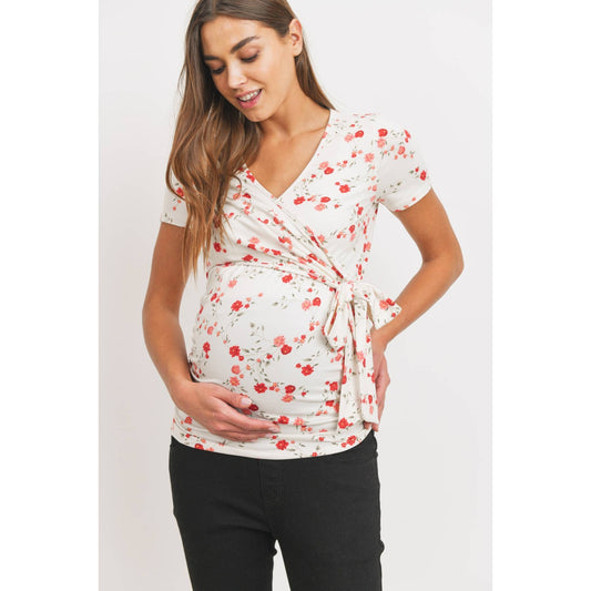 White Floral Short Sleeve Maternity Nursing Top