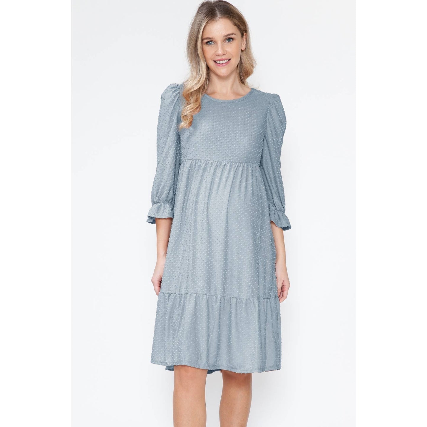 Maternity Swiss Dot Tiered Ruffle Balloon Sleeve Midi Dress