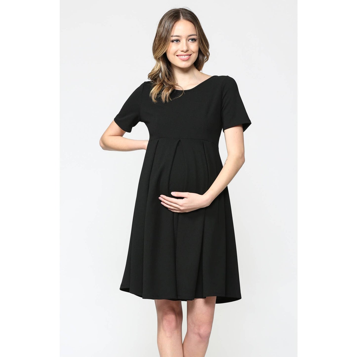 Pleated Round Neck Maternity Skater Dress