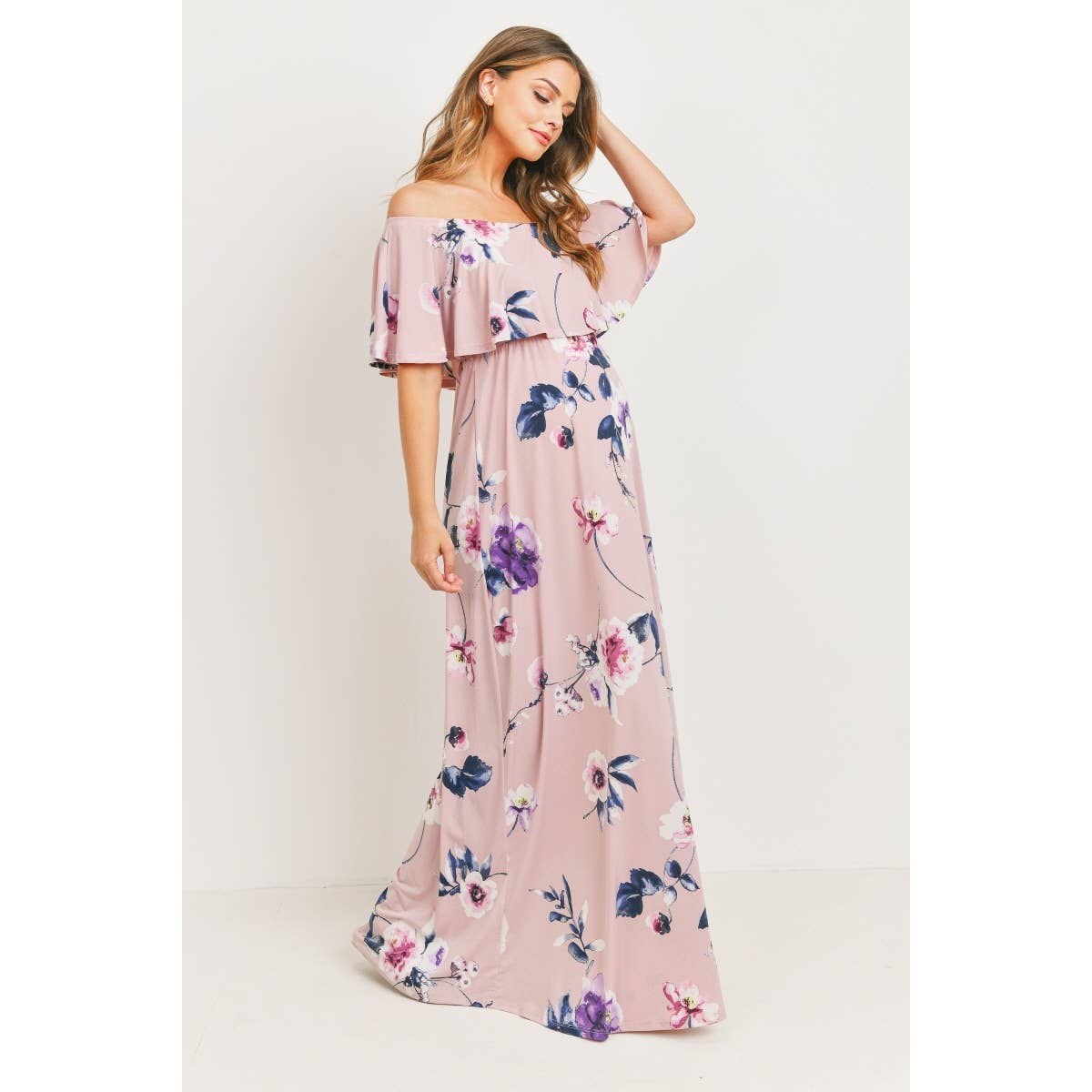 Off The Shoulder Pink Floral Maternity Maxi Dress
