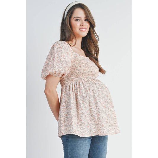 Floral Puff Sleeve Maternity Smocked Top