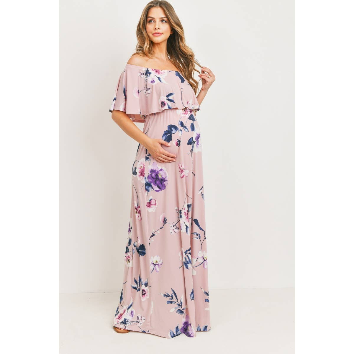 Off The Shoulder Pink Floral Maternity Maxi Dress