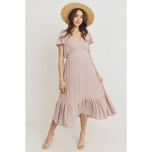 Flutter Sleeve V-Neck Maternity Ruffle Midi Dress