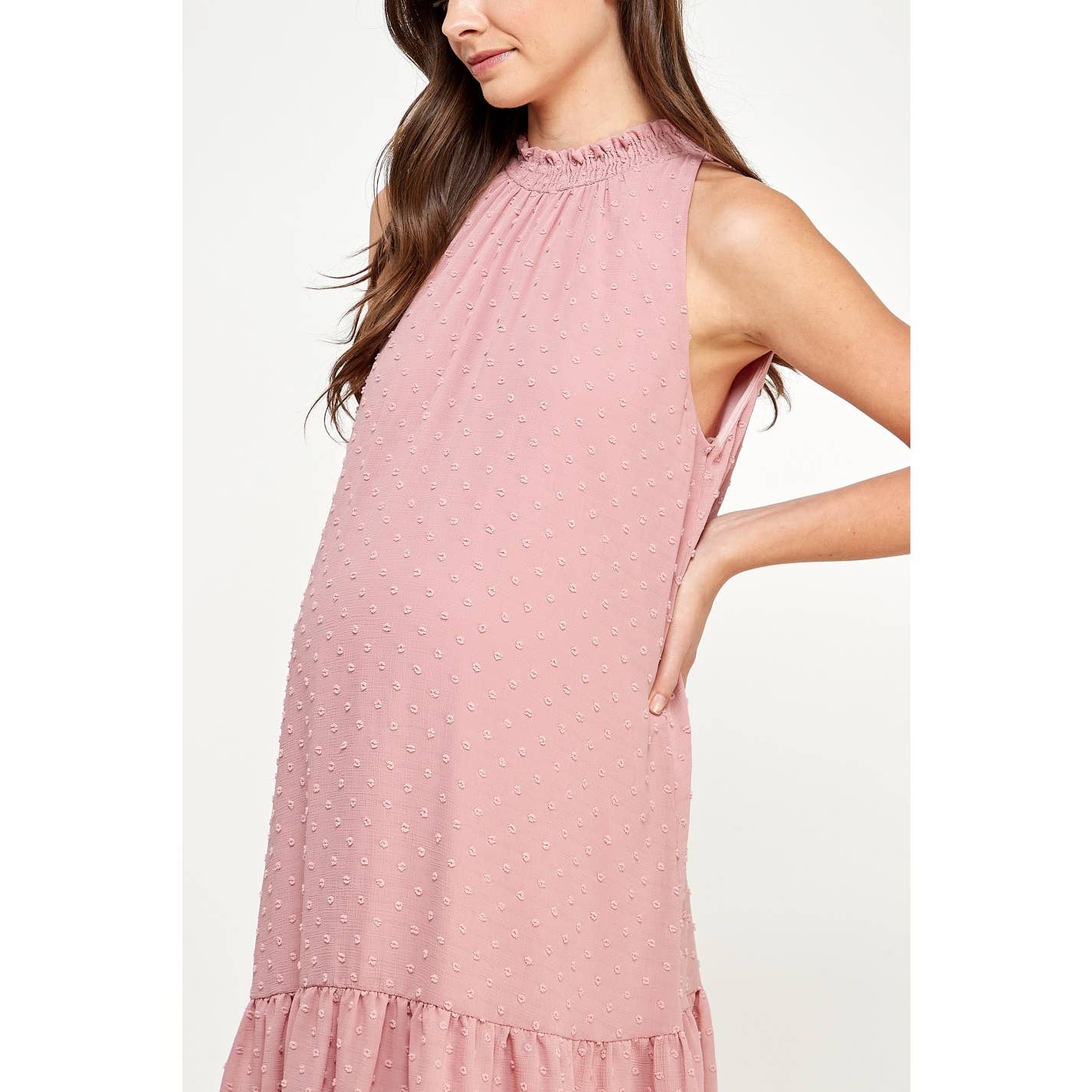 Mock Neck Swiss Dot Ruffled Maternity Dress