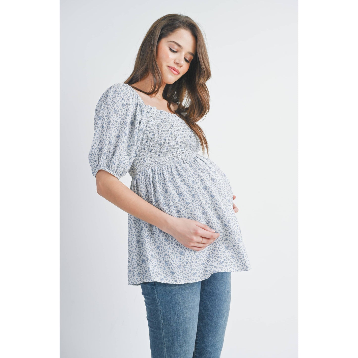 Floral Puff Sleeve Maternity Smocked Top