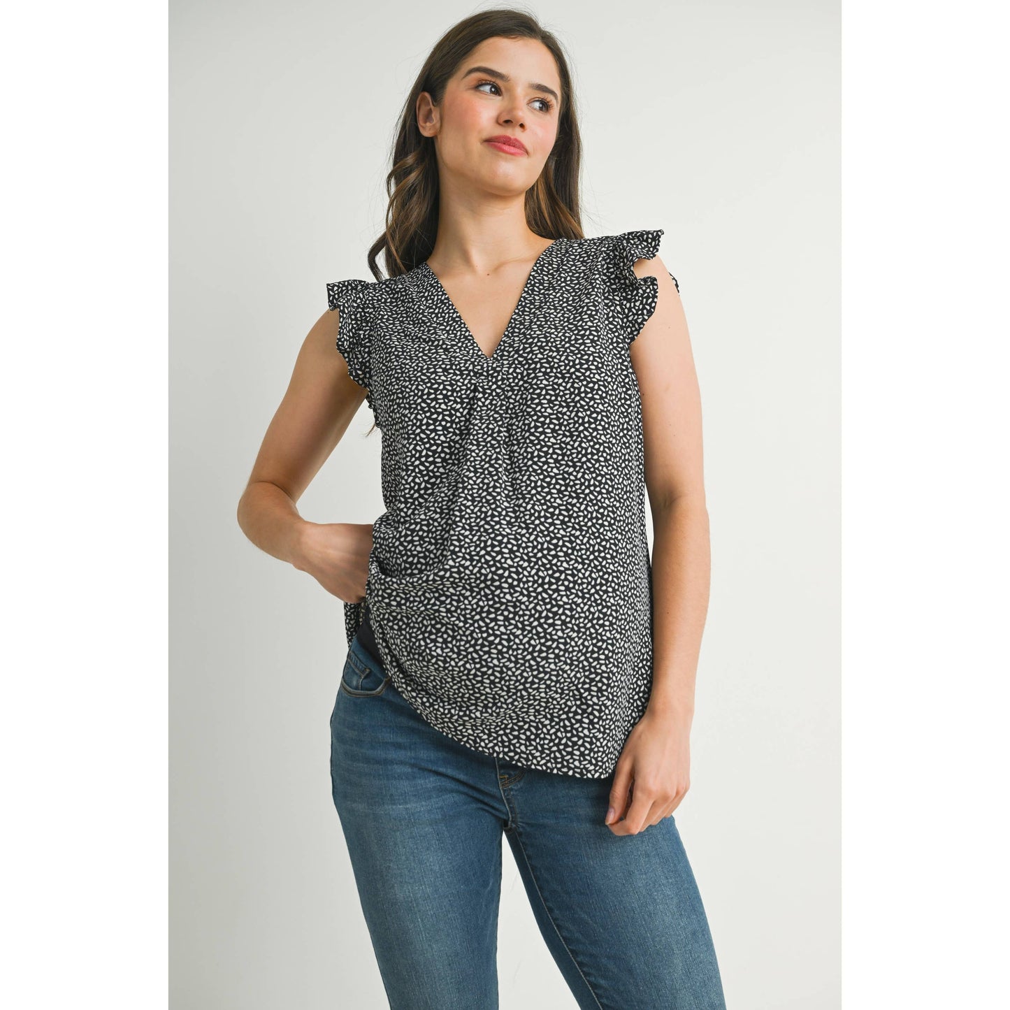 V-Neck Ruffle Cap Sleeve Maternity Top