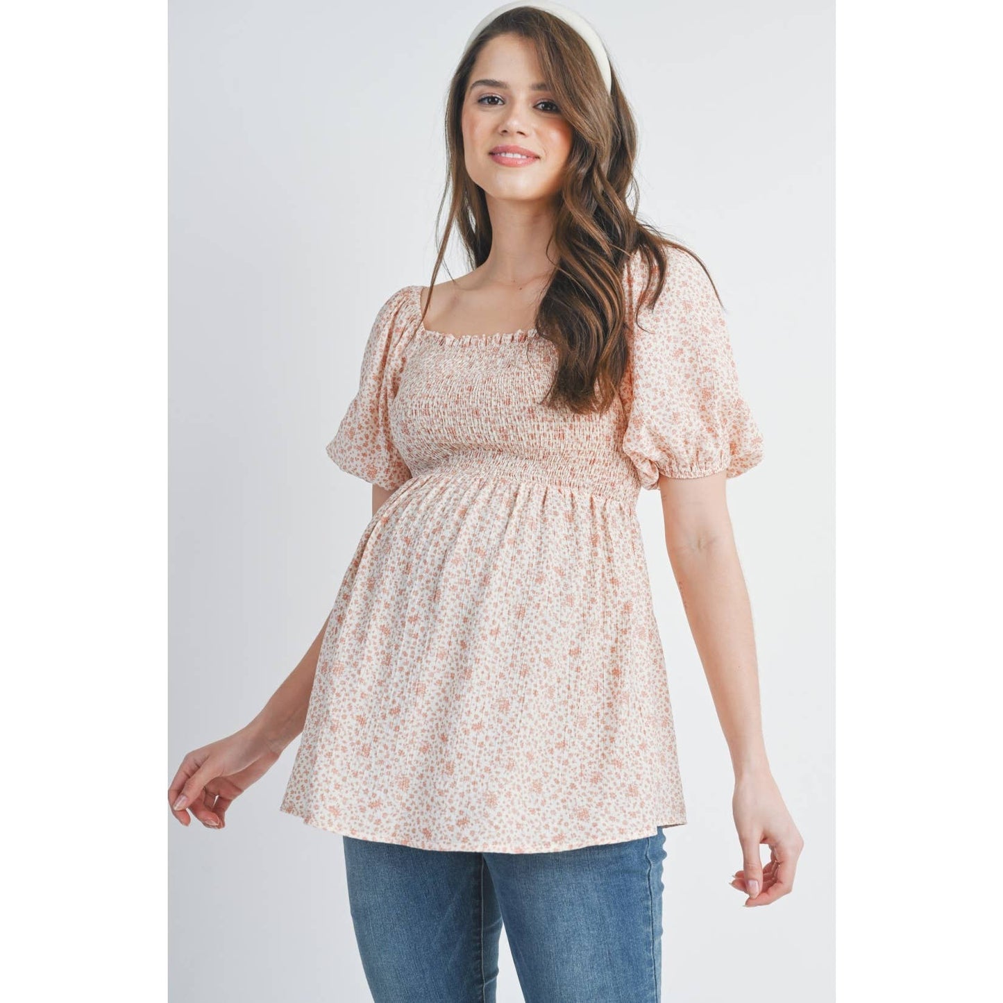 Floral Puff Sleeve Maternity Smocked Top