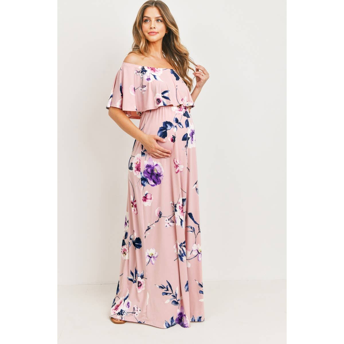 Off The Shoulder Pink Floral Maternity Maxi Dress