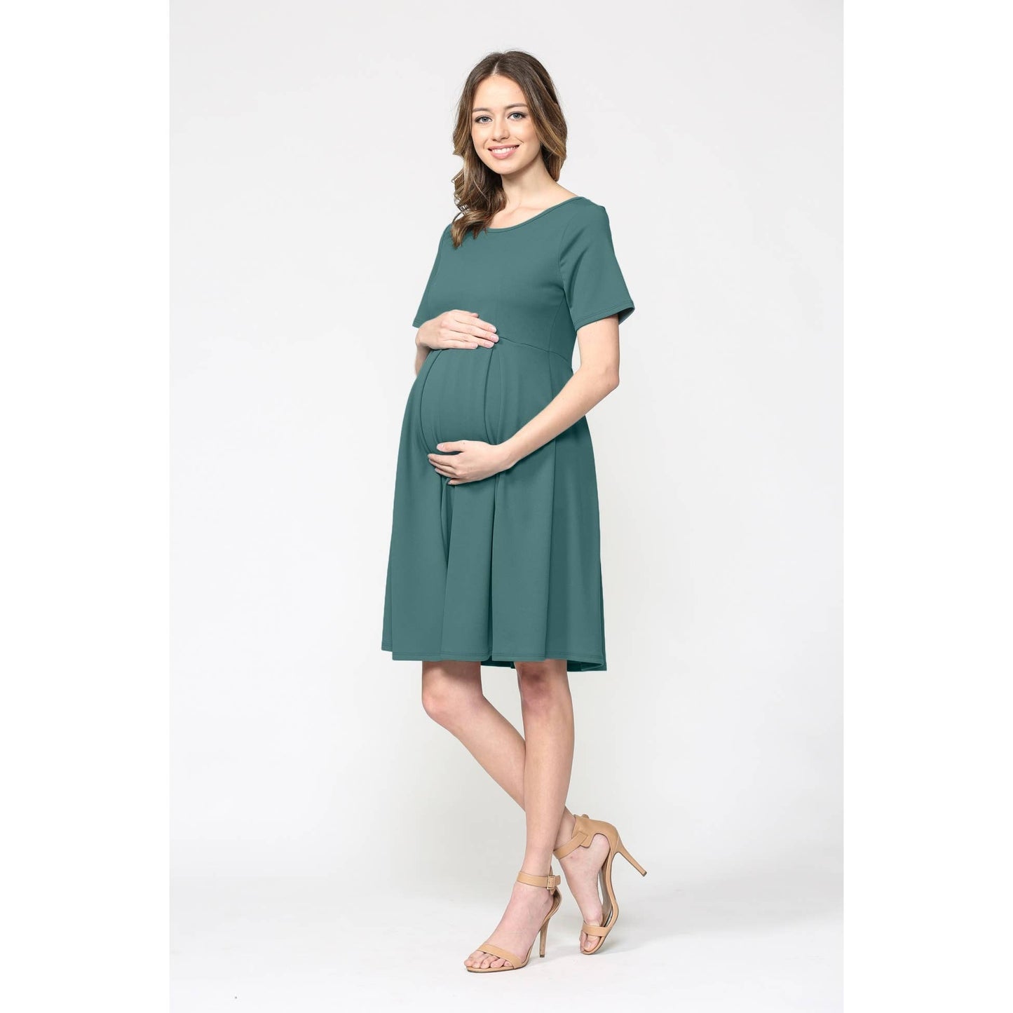 Pleated Round Neck Maternity Skater Dress