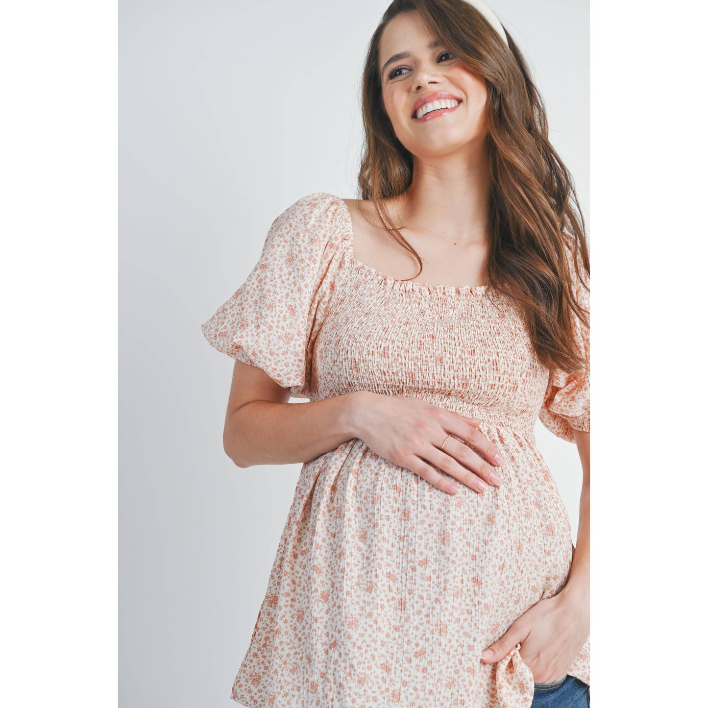 Floral Puff Sleeve Maternity Smocked Top