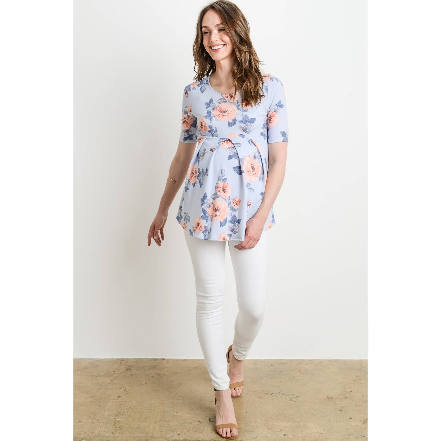 Pleated Quarter Sleeve Floral Maternity Top