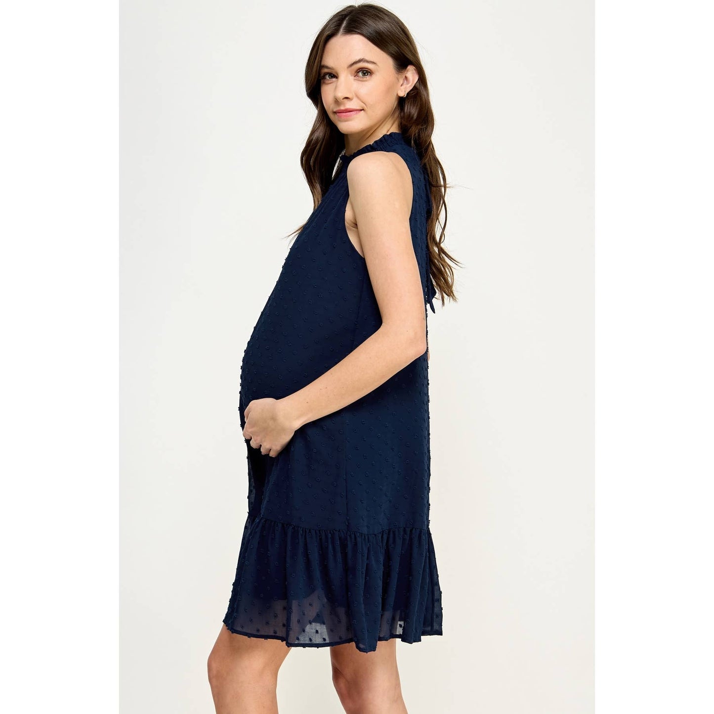 Mock Neck Swiss Dot Ruffled Maternity Dress