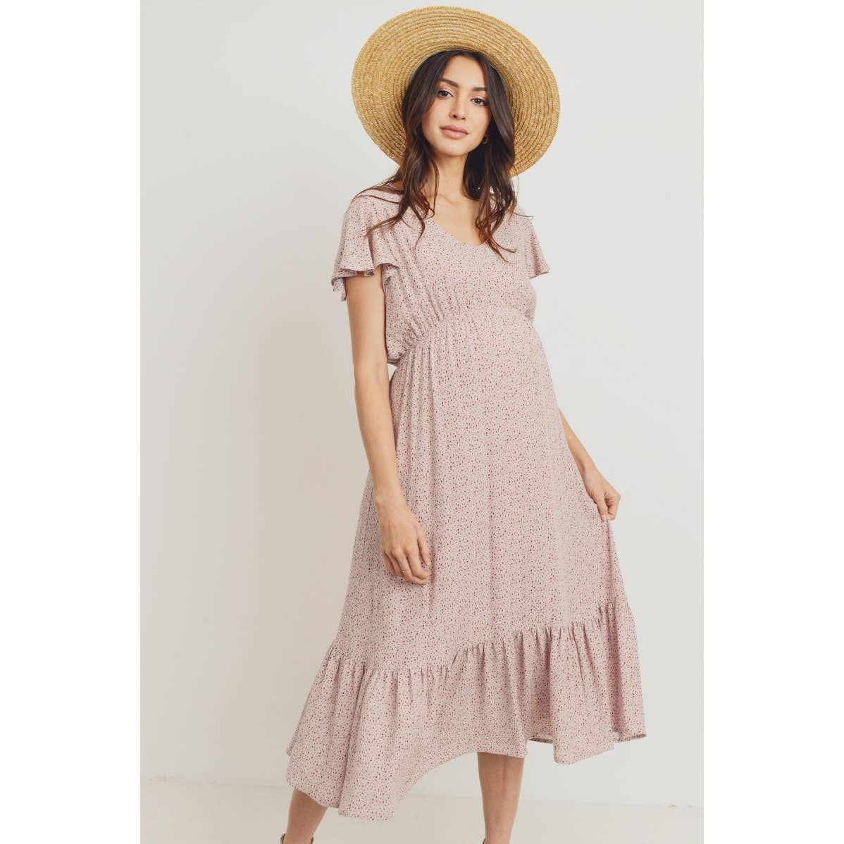 Flutter Sleeve V-Neck Maternity Ruffle Midi Dress