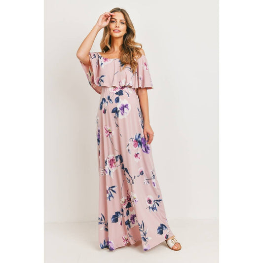 Off The Shoulder Pink Floral Maternity Maxi Dress