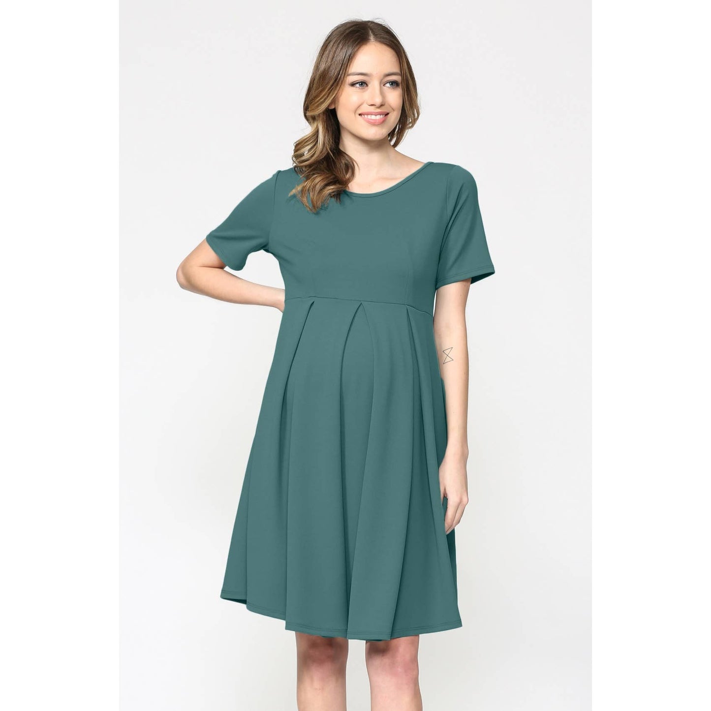 Pleated Round Neck Maternity Skater Dress