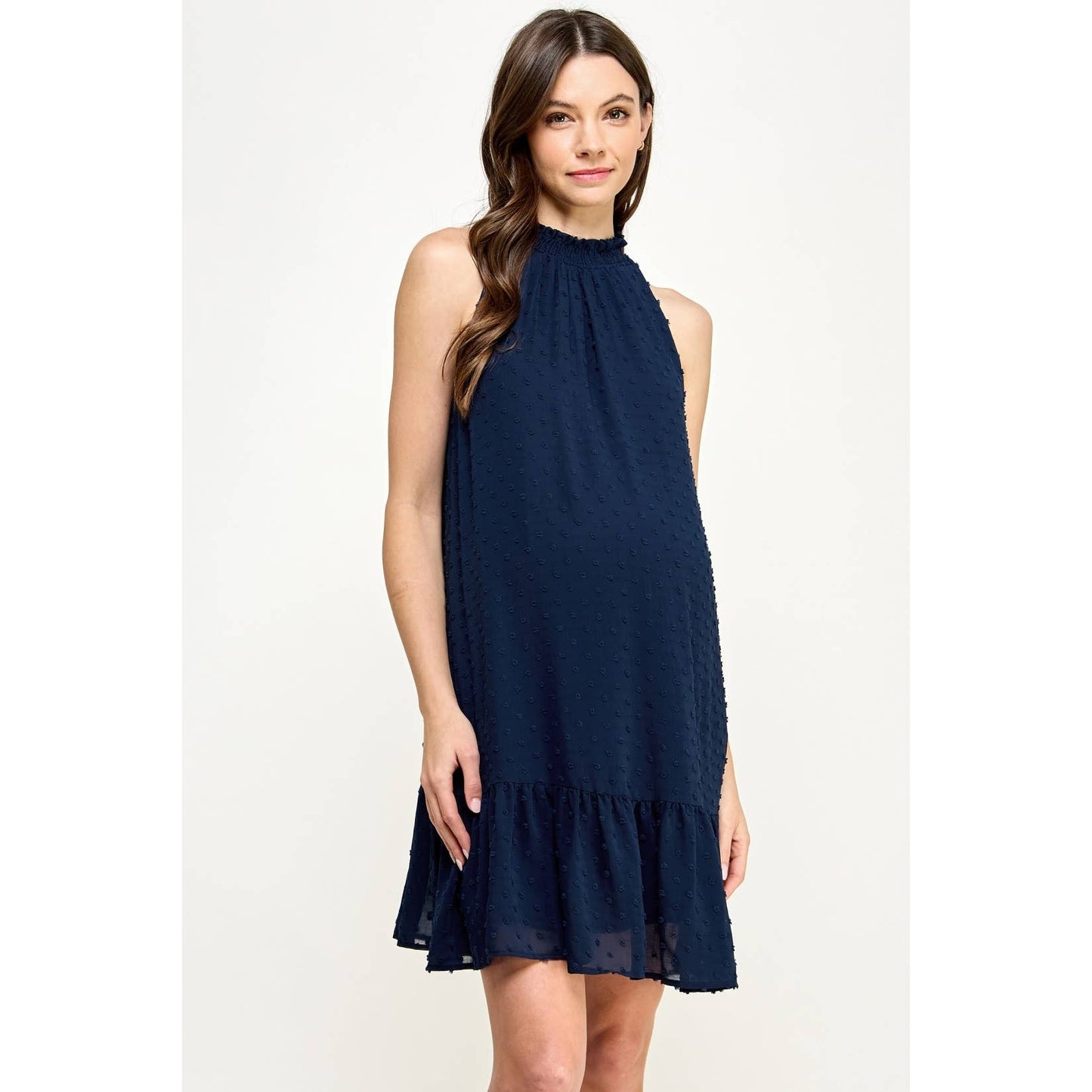 Mock Neck Swiss Dot Ruffled Maternity Dress