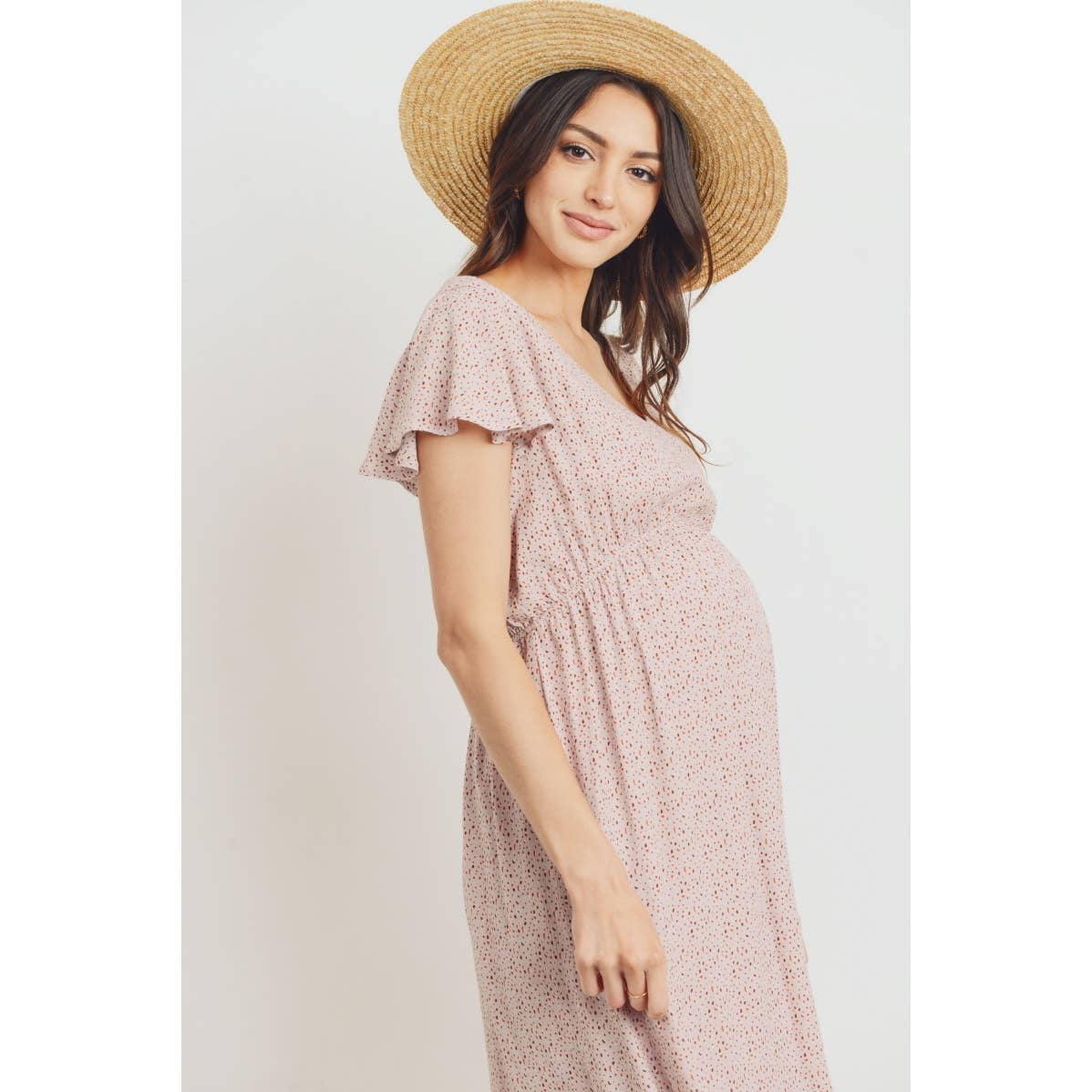 Flutter Sleeve V-Neck Maternity Ruffle Midi Dress
