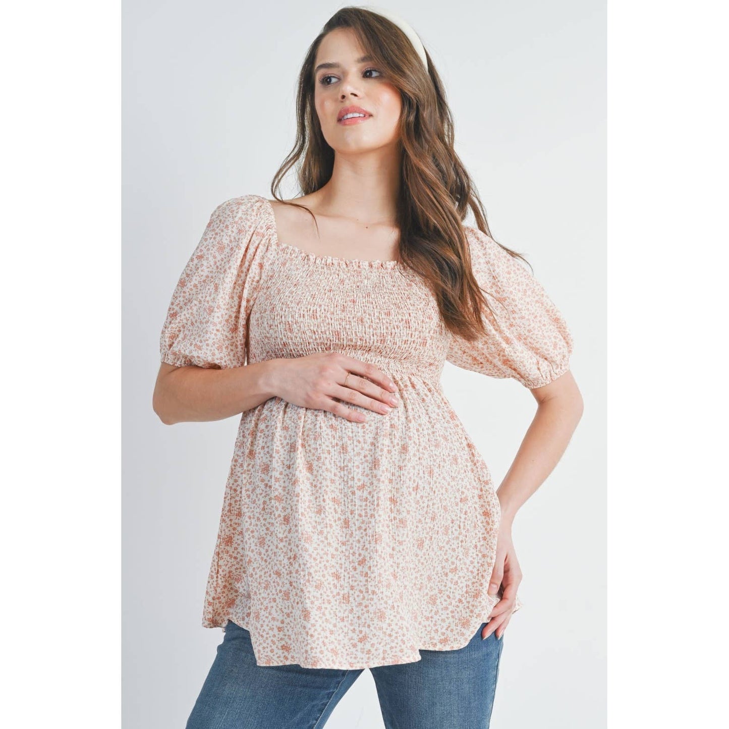 Floral Puff Sleeve Maternity Smocked Top