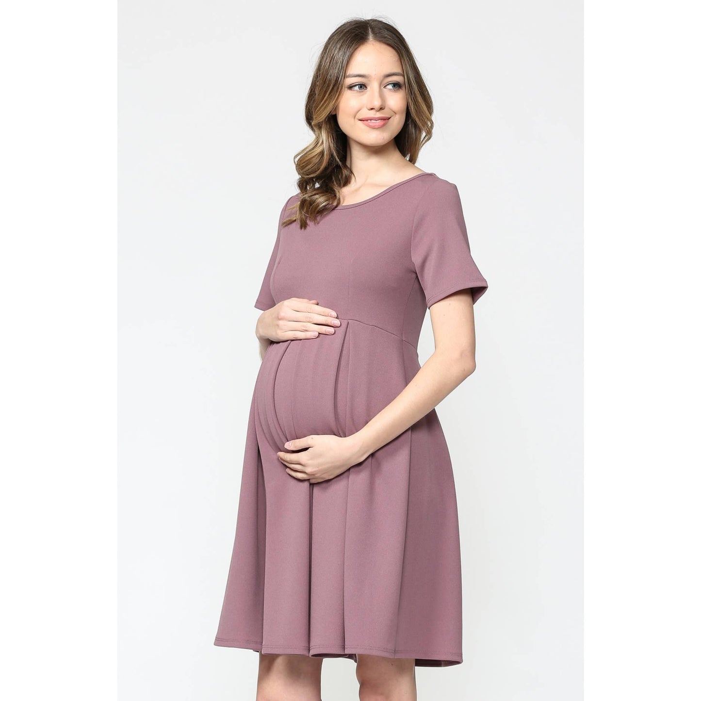 Pleated Round Neck Maternity Skater Dress